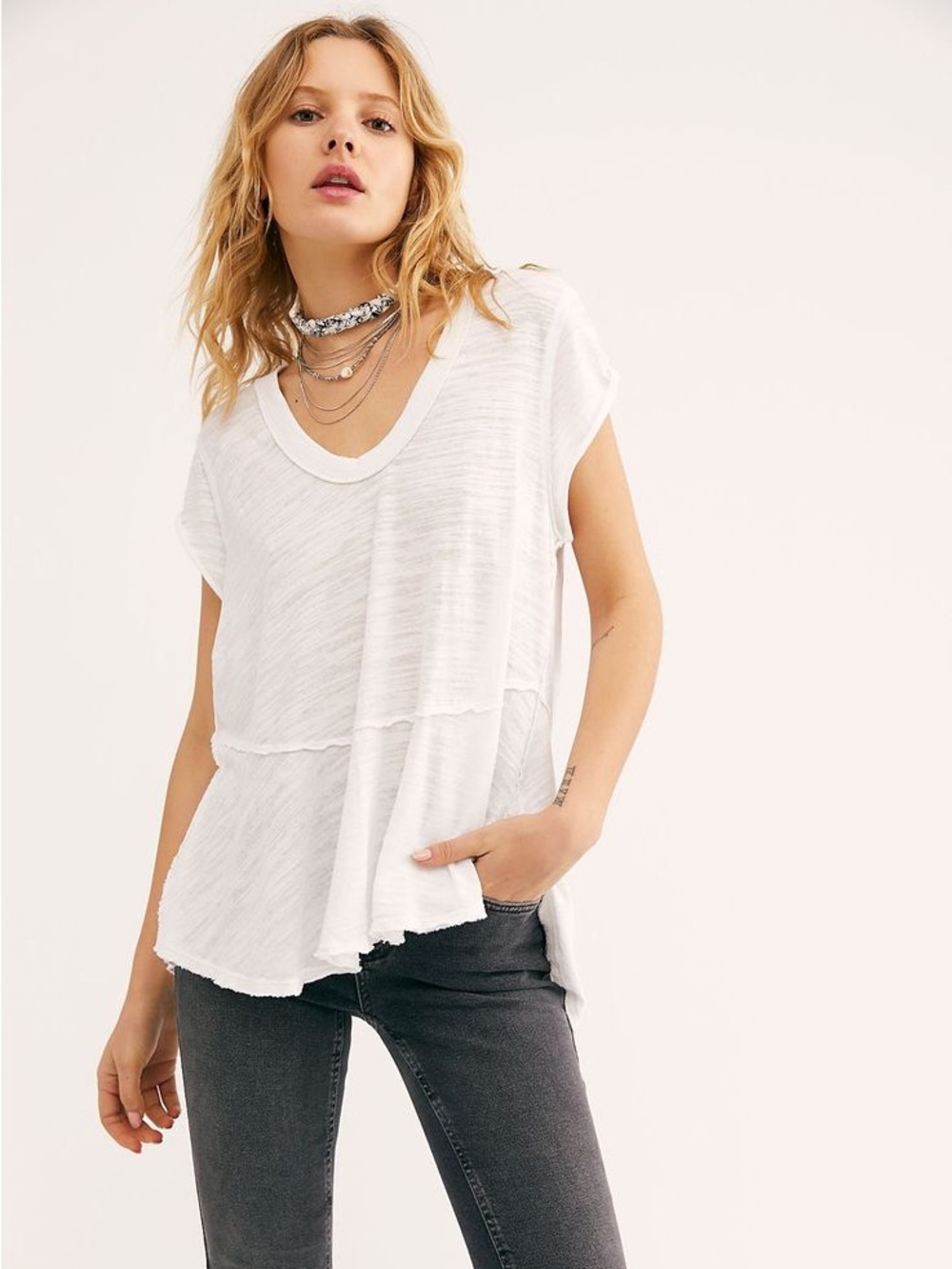 We the free sweetness white scoop neck oversized raw hem tunic Tshirt top